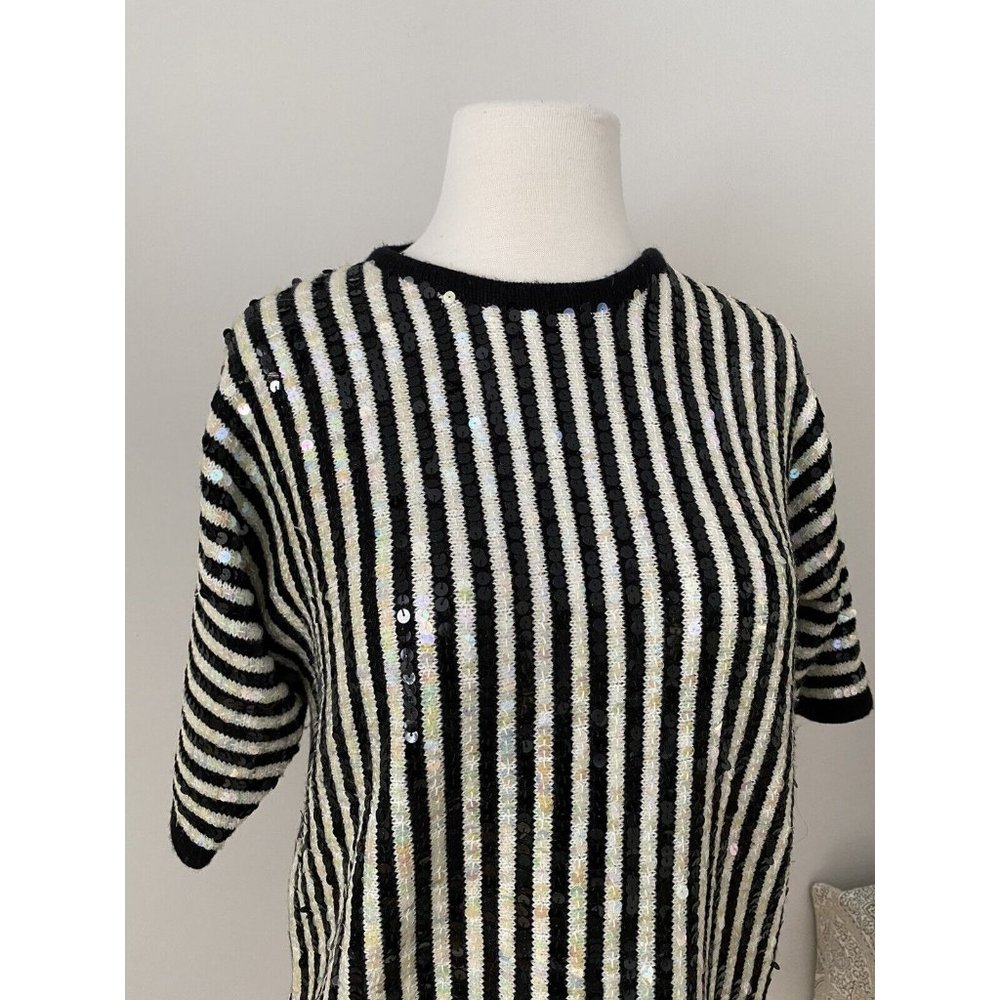 Regency collection By Joyce Vintage Women’s Sweater Sequins Black‎ White Stripe - Picture 2 of 8